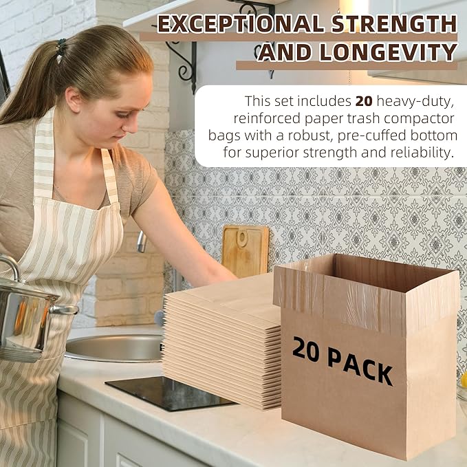 (20-Pack) Calvana Super Strong Compactor Bags, Heavy-Duty Kitchen Paper Trash Bags with Leak Proof Plastic Liner, Reinforced Bottom, Fits GE Model Compactors with Rectangular Containers