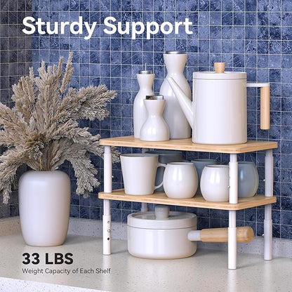 Cabinet Organizer Shelf, Spice Rack Set of 2 Kitchen Pantry Cupboard Shelves, Stackable, Height Adjustable, Natural Bamboo (15.6" Wx77.Dx6.57 H per Pack)
