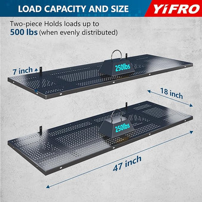 2-Pack 1.5x4ft Heavy Duty Garage Wall Shelving, 500 lbs Load Capacity, Garage Shelving Wall Mounted, Garage Storage Rack with Hooks, Black