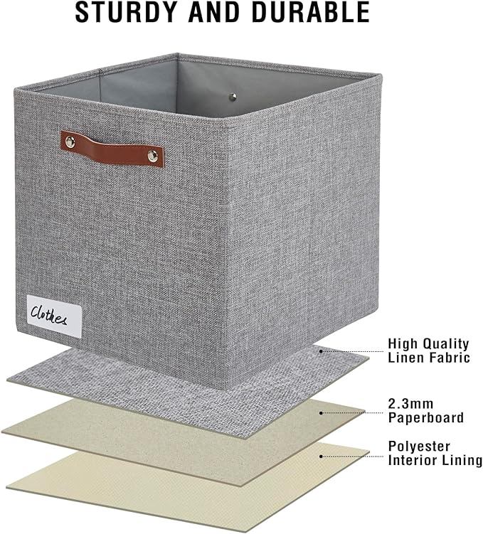 Collapsible Fabric Storage Cube Bins with 2 Reinforced PU Handles, Foldable Storage Organizer Baskets for Closet, Shelves, Living Room | 13"x13"x13", 4 Pack, Full Gray