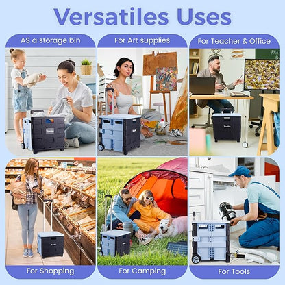 Collapsible Rolling Crate on Noiseless Wheels: Portable Utility Cart for Shopping Teacher Laundry (Blue)