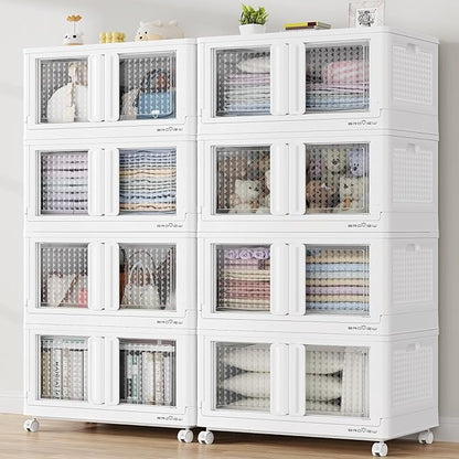 BROVIEW 160Gal Stackable Storage Bins with Lids & Wheels, 640Qt Plastic Collapsible Closet Organizer and Storage Drawers, Storage Boxes Cabinets for Home, Office, 8 Pack, White