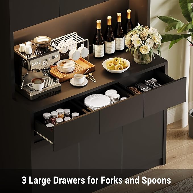 Garvee Kitchen Pantry Storage Cabinet, Tall Storage Cabinet with Doors and Shelves, Kitchen Storage Hutch with Microwave Stand, Led Lights and Charging Station, Corner Pantry Cabinet, Black