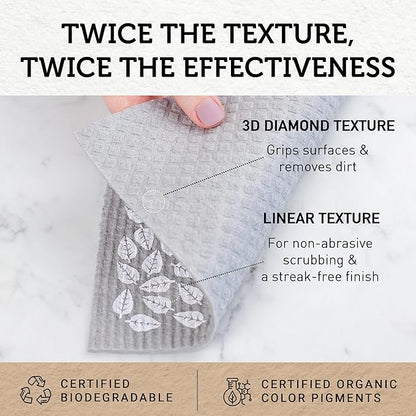 Nordhus Design Large Swedish Dishcloths, 5 Grey Cloths, Made in Sweden - 9.5 x 8 inch Reusable, Washable Cellulose Cotton Kitchen Cloths - Replace Paper Towels, Wipes, Sponges, Dish Rags