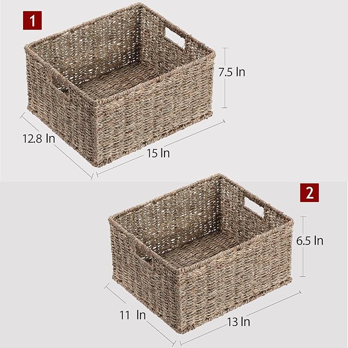 HOONEX Large Wicker Baskets for Storage, Seagrass Baskets with Dual Handles, Woven Set of 2, Natural