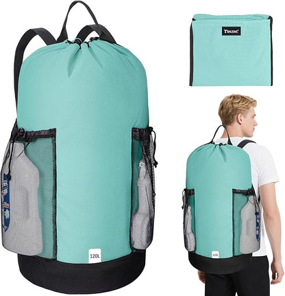BALEINE 120L Laundry Bag Backpack, 900D Oxford Fabric Large Travel Laundry Bags with Shoulder Straps and 2 Mesh Pockets for College Dorm, Apartment, Laundromat (Sky Blue, 120L)