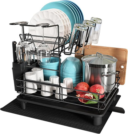 JASIWAY 2 Tier Black Large Stainless Steel Dish Drainers Drying Rack for Kitchen Counter with Drainboard, Rust Proof Metal, Space Saving, Modern Aesthetic, Compact Plates Strainers with Extra Mat