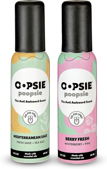 Oopsie Poopsie - Mediterranean Sage and Berry Fresh- Before & After You Go Toilet Spray 2oz Each - Gift Set - Portable Odor Eliminator - 2 Pack
