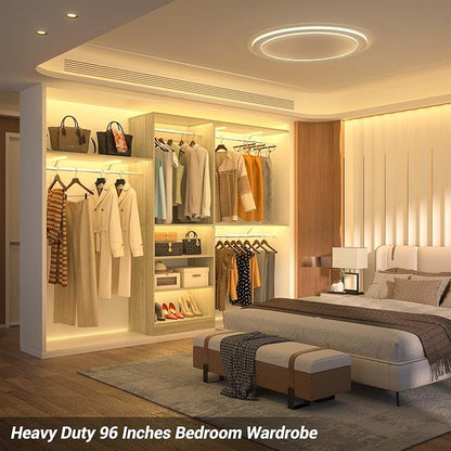 8FT Closet System with Shelves, 96'' Closet Organizer System with 3 Hanging Rods, Wall Mount Bedroom Wardrobe Walk-in Closet, Adjustable Cloth Garment Rack from 5 to 8FT(Cut to Fit), White Oak