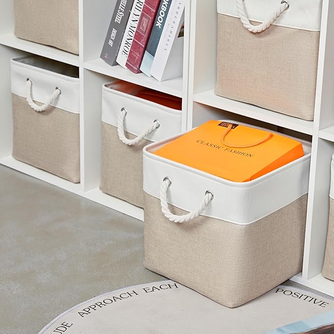 12 x 12 Inch Cube Storage Bins, 6 Pack Large Collapsible Fabric Storage Bin with Ropes, Foldable Storage Cubes for Home, Office,Closet, Clothes, Toys Organizer (White & Beige)