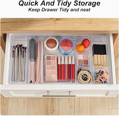 SMARTAKE 25-Piece Drawer Organizer with Non-Slip Silicone Pads, 4-Size Desk Drawer Organizer Trays Storage Tray for Makeup, Jewelries, Utensils in Bedroom Dresser, Office and Kitchen (Clear)