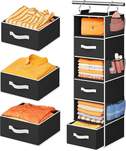 Pipishell Hanging Closet Organizer 6-Shelf, Hanging Shelves for Closet with 3 Removable Drawers & Side Pockets, Hanging Shelf Organizer for Bedroom or Garment Rack, 12'' x 12'' x 43.3'', Black