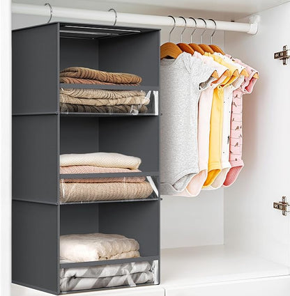 SIMPLE HOUSEWARE 3 Shelf Hanging Closet Organizer with Front Stopper, Dark Gray