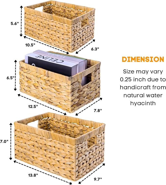 Set of 3 Wicker Storage Baskets for Shelves, Water Hyacinth Storage Baskets, Wicker Baskets for Storage, Kitchen Organizers and Storage Pantry (Set 3 SML)