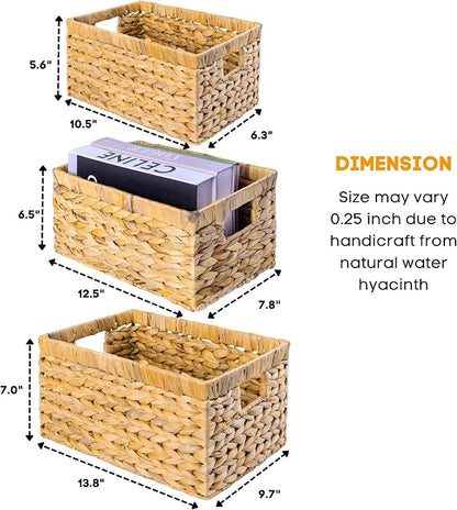 Set of 3 Wicker Storage Baskets for Shelves, Water Hyacinth Storage Baskets, Wicker Baskets for Storage, Kitchen Organizers and Storage Pantry (Set 3 SML)