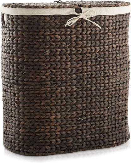 Casafield Oval Laundry Hamper with Lids and Removable Liner Bags - Espresso, Woven Water Hyacinth 2-Section Laundry Basket Sorter for Clothes and Towels