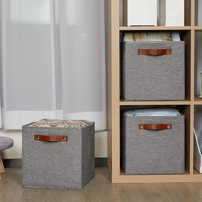 HNZIGE Shelf Storage Cubes Bins for Organizing, Set of 4, Cabby Fabric Cube 11x11 Closet Organizer with Handles (Gray)