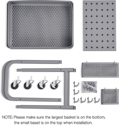 TOOLF 3-Tier Rolling Cart, Metal Utility Storage Cart with DIY Pegboards, Art Craft Trolley with Baskets Hooks, Serving Organizer Easy Assemble for Office, Home, Kitchen, Classroom (Grey)