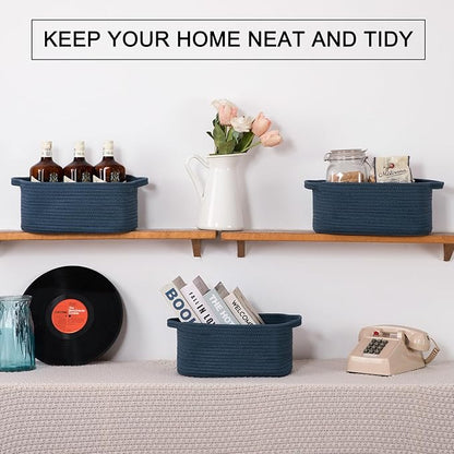 OIAHOMY Cotton Rope Woven Baskets for Storage, Nursery Rectangle Storage Basket with Handles for Shelves, Pack of 3, Blue