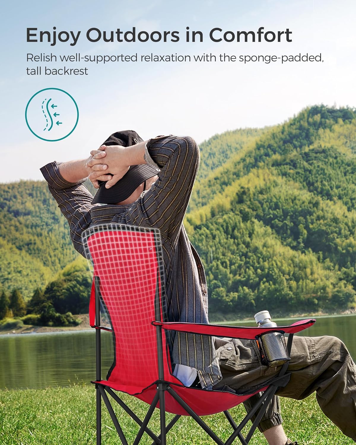 SONGMICS Folding Camping Chair, with Comfortable Sponge Seat, Cup Holder, Heavy Duty Structure, Max Load Capacity 551 lb, Outdoor Picnic Chair, Red and Black UGCB06BK