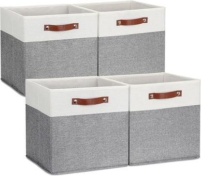 DULLEMELO Storage Cubes 13 inch, Collapsible Sturdy Cube Storage Bins With Handles for Organizing,Fabric Storage Baskets for Shelves Nursery Closet Home Organization (White&Grey-4 Pack)