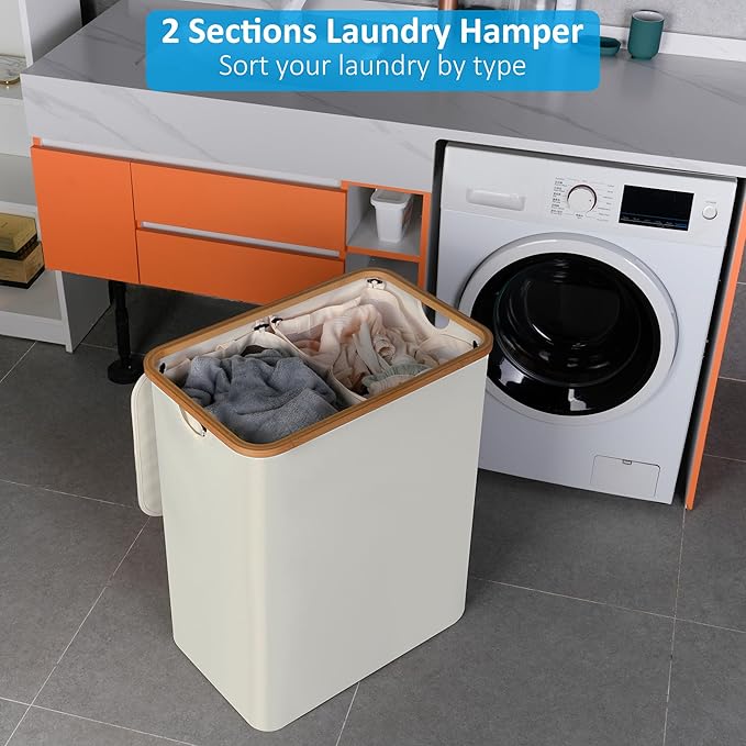 efluky Laundry Hamper with Lid, 160L Tall Laundry Basket with Bamboo Handles for Clothes and Toys, Collapsible Laundry Hamper with 2 Inner Bags for Bedroom and Bathroom, Beige
