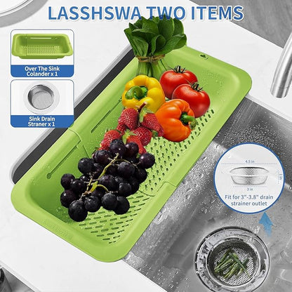 LASSHSWA Collapsible Colander and Strainer for Kitchen, Over the Sink Strainer Basket for Kitchen, Fruit Pasta Food Strainer Expandable Plastic Colander with A Sink Drain Strainer Stainless Steel