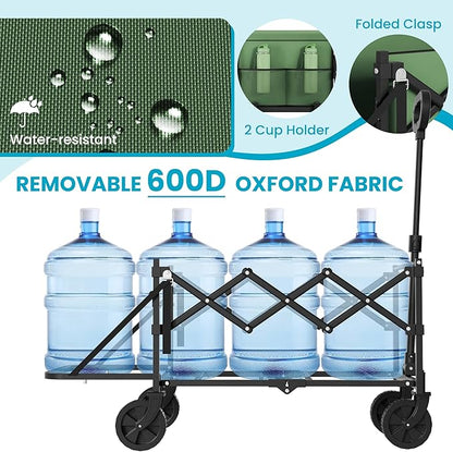 Collapsible Folding Wagon with Tailgate, Wagons Carts Foldable with 350lbs Capacity, Lightweight Portable Utility Wagon Cart for Shopping Camping Sports Garden (Green)