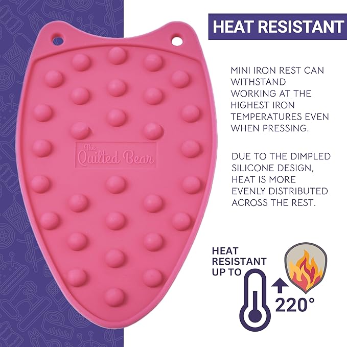 The Quilted Bear Mini Iron Rest - Silicone Heat Resistant Mat for Stress-Free Crafting, Sewing & Quilting Supplies - Durable and Protective Surface for Mini Iron (Pink)