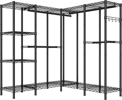 L Shaped Heavy Duty Metal Clothes Rack for Hanging Clothes,Freestanding Garment Rack Closet Wardrobe Rack Clothing Rack with 4 Hanging Rods & 1 Side Hook,50"Lx 50"Wx 76.4"H,Max Load 1100LBS