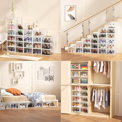 Secret Space 12 Pack XX Large Shoe Storage Organizer for Closet, Modular Space Saving Shoe Boxes Clear Plastic Stackable Containers Display Case Bins with Lids, Shoe Rack for Sneaker Storage, White02
