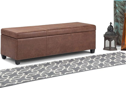 SIMPLIHOME Avalon 48 inch Wide Contemporary Rectangle Storage Ottoman Bench in Distressed Umber Brown Vegan Faux Leather, Assembled, For the Living Room, Entryway and Family Room