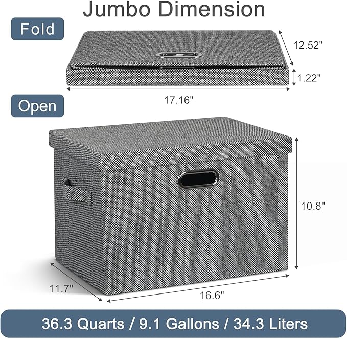 Large 17" 36 Quart Collapsible Stackable Storage Bins with Lids, 3 Packs Black and White Mix Linen Fabric Closet Boxes with Lids, Storage Cube Baskets Container Organizers (17x12x11)