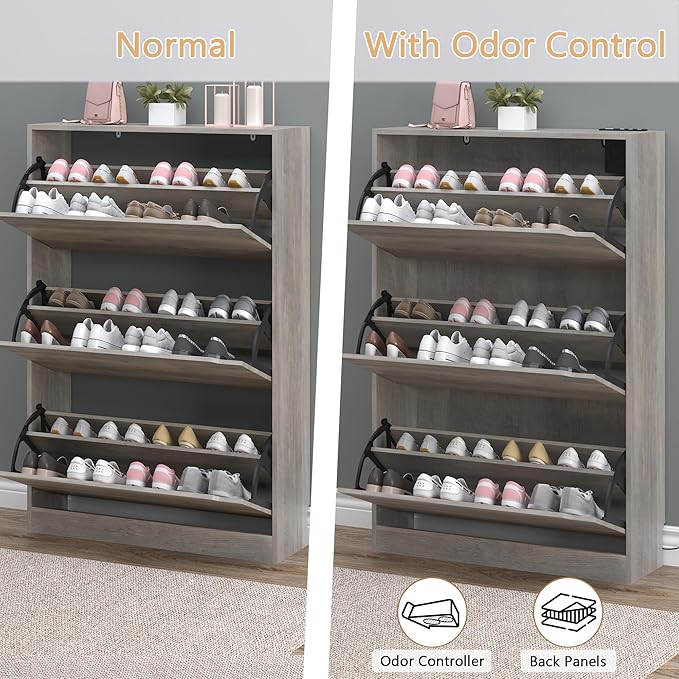 Shoe Cabinet with Odor Control and Back Panels, Deodorizing Slim 3-Flip Shoe Storage Cabinet for Entryway, Freestanding Hidden Shoe Rack Organizer for Entrance, Hallway, Bedroom