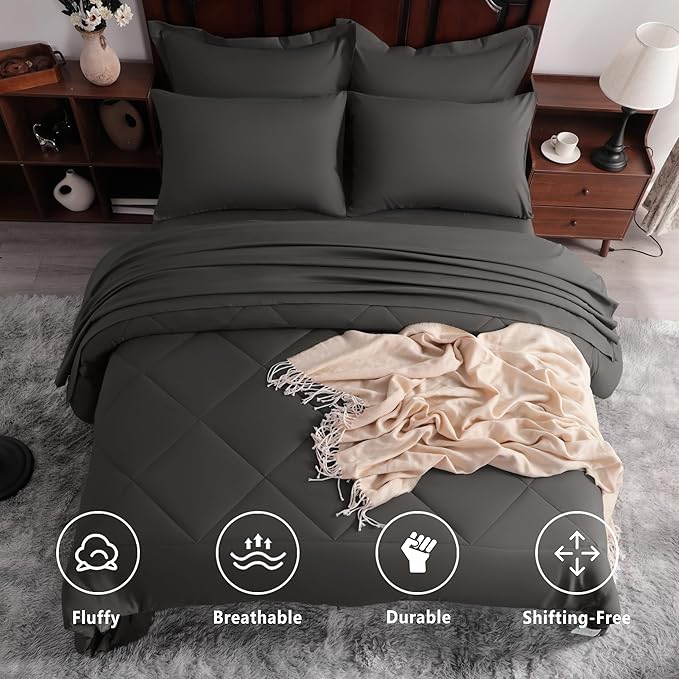 NTBAY Queen Comforter Set with Sheets, 7 Pieces Soft and Breathable Queen Bedding Set, Bed in a Bag, Down Alternative Comforter Set Solid Color All Season, Queen Bedding Set, Dark Grey