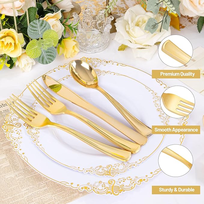 300 Pieces Gold Plastic Silverware - Heavy Duty Disposable Cutlery Set - Gold Disposable Utensils Include 150 Forks, 75 Spoons, 75 Knives for Dinner, Parties, Weddings