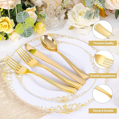 300 Pieces Gold Plastic Silverware - Heavy Duty Disposable Cutlery Set - Gold Disposable Utensils Include 150 Forks, 75 Spoons, 75 Knives for Dinner, Parties, Weddings