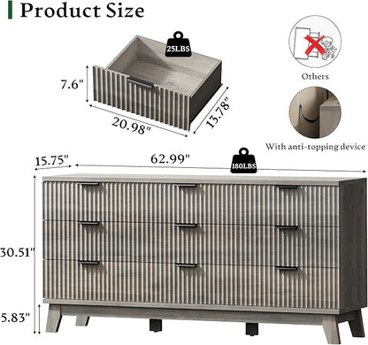 Fluted Dresser with 9 Drawers, 63" Wide Modern Chest of Drawers with Metal Handle, Wooden Dresser TV Stand, Wood Closet Clothes Storage Organizer for Bedroom, Living Room, Hallway, Light Grey