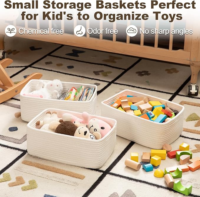 3 Pack Small Storage Baskets for Organizing, Cute Woven Decorative Gift Baskets for Shelves, Mini Closet Organizer Bins with Handles-13''Lx8.66''Wx5.11''H-White