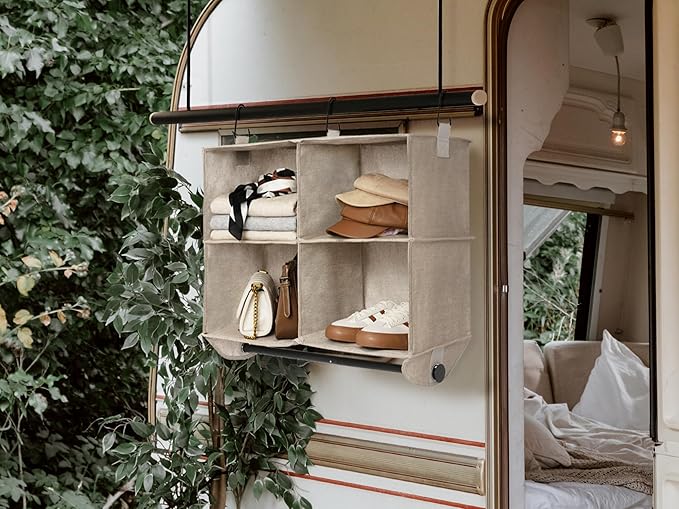 StorageWorks Hanging Closet Organizer with Metal Rod, 4-Section Closet Organizers and Storage, Collapsible Hanging Shelves for Baby Clothes, Shoes, Sweater Storage, Brown and Beige
