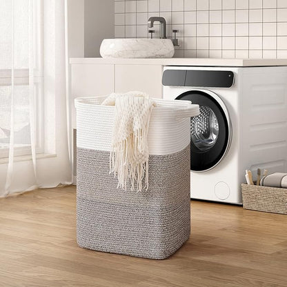 CLHMILY&Z 75L Laundry Hamper Rectangular Cotton Rope Basket - 16x13x22 Inches - Durable and Soft Storage Bin for Clothes, Toys, and Nursery Essentials, Brown & White