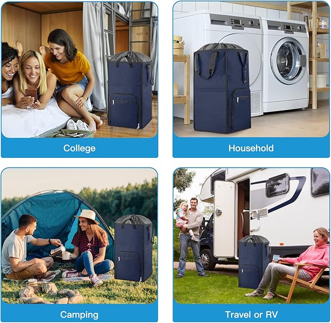 Bukere Laundry Basket, Laundry Backpack Bag for Guys Girls Boys, 2 in 1 Laundry Hamper for College Dorm Room Essentials, Adjustable Shoulder Straps, Freestanding Laundry Bag for Laundry Room, RV