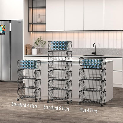 PUSDON Stackable Metal Storage Carts, Dual Use Shelf for Kitchen Fruit Vegetable Baskets with Wheels, Storage Rack for Living Room, Home & Office, Standard Black 4 Tiers
