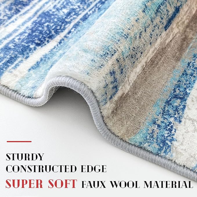 Modern Abstract Runner Rug 2.6x10, Blue Washable Long Kitchen Runner Non-Slip Soft Hallway Rug Runner Thin Print Faux Wool Carpet for Entryway Bedroom Laundry Room Indoor Home Decor