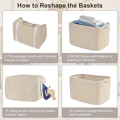 3-Pack Shelf Baskets for Organizing, Woven Storage Basket for Shelves, Cotton Rope Storage Bins for Toys Books, Nursery Towel Baskets for Classroom, 14.96"X9.8"X8.85", Brown