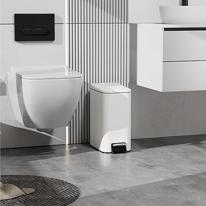 Small Trash Can with Lid Soft-Close, 6 L/1.6 Gal Bathroom Garbage Can with Removable Inner Bucket, Step Pedal, Stainless Steel Wastebasket for Kitchen, Bathroom, Bedroom, Office, White