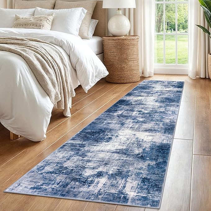 IOHOUZE Abstract Runner Rug 2x8 Ft Washable Runners for Hallways, Non Slip Kitchen Runner Printed Faux Wool Entryway Runner Indoor, Modern Abstract Floor Carpet for Hall Kitchen Bedroom, Navy/Grey
