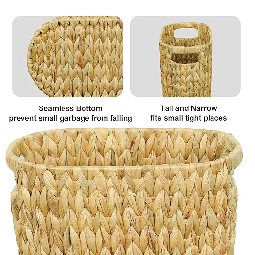 Wicker Trash Can,Bathroom Trash Can,Water Hyacinth Wicker Waste Basket for Bathroom,Handwoven Narrow Small Waste Basket for Bedroom,Office,5 Gallon