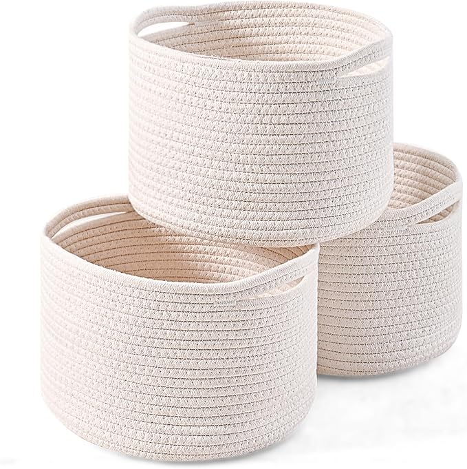 Small Storage Baskets for Organizing, Organizer Baskets for Shelves, Woven Basket for Storage, Cute Basket for Gifts Empty, Cotton Rope Baskets, 9.7"×9.7"×7" (3 Packs) Off White