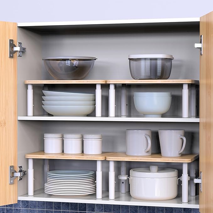 Cabinet Organizer Shelf, Spice Rack Set of 2 Kitchen Pantry Cupboard Shelves, Stackable, Height Adjustable, Natural Bamboo (11.7" Wx77.Dx6.57 H per Pack)